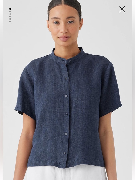 Eileen Fisher Tops - Eileen Fisher Washed 100% Organic Linen Delave Band Collar Shirt In Stone